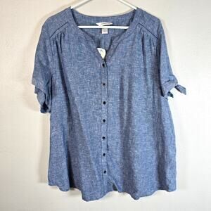 CJ Banks Blouse Women's 2X Blue Chambray Button Up Coastal Boho Summer Classic